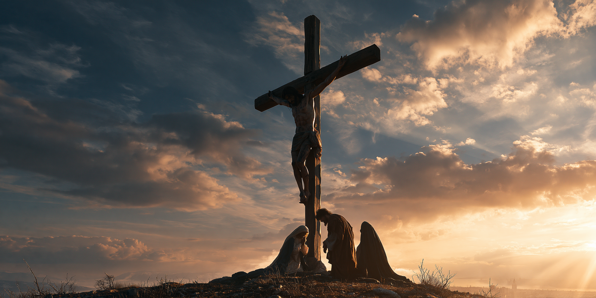 Landscape painting of the Crucifixion of Jesus at sunset - Alpha Christian Art