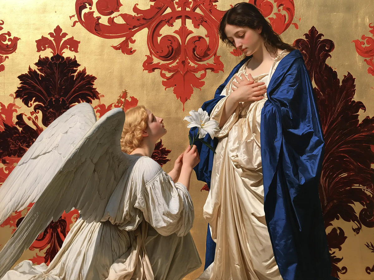 The Angel's Message amid Crimson Scrollwork – Bouguereau-Inspired Academic Art · Landscape