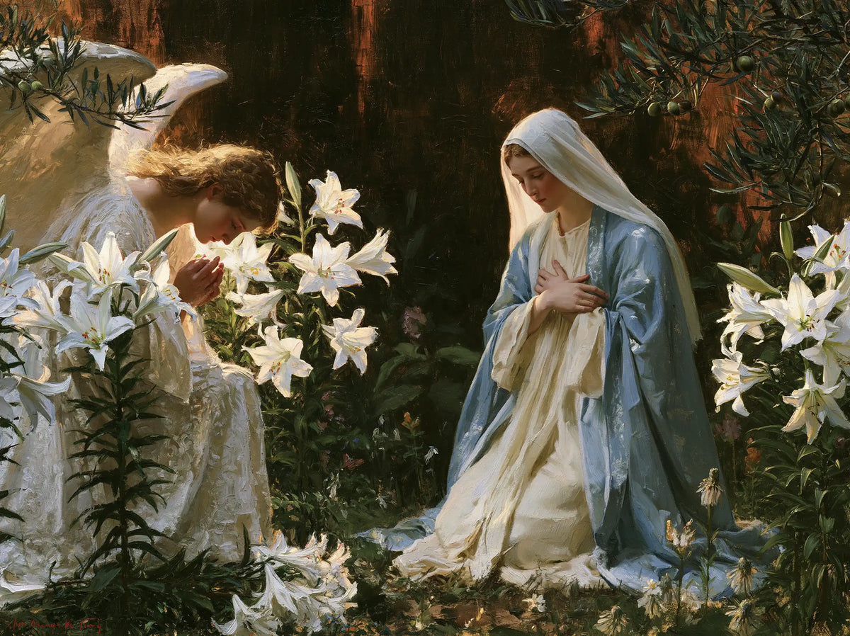 the Annunciation in a garden in The Annunciation in the Garden style, landscape Christian artwork no. 3
