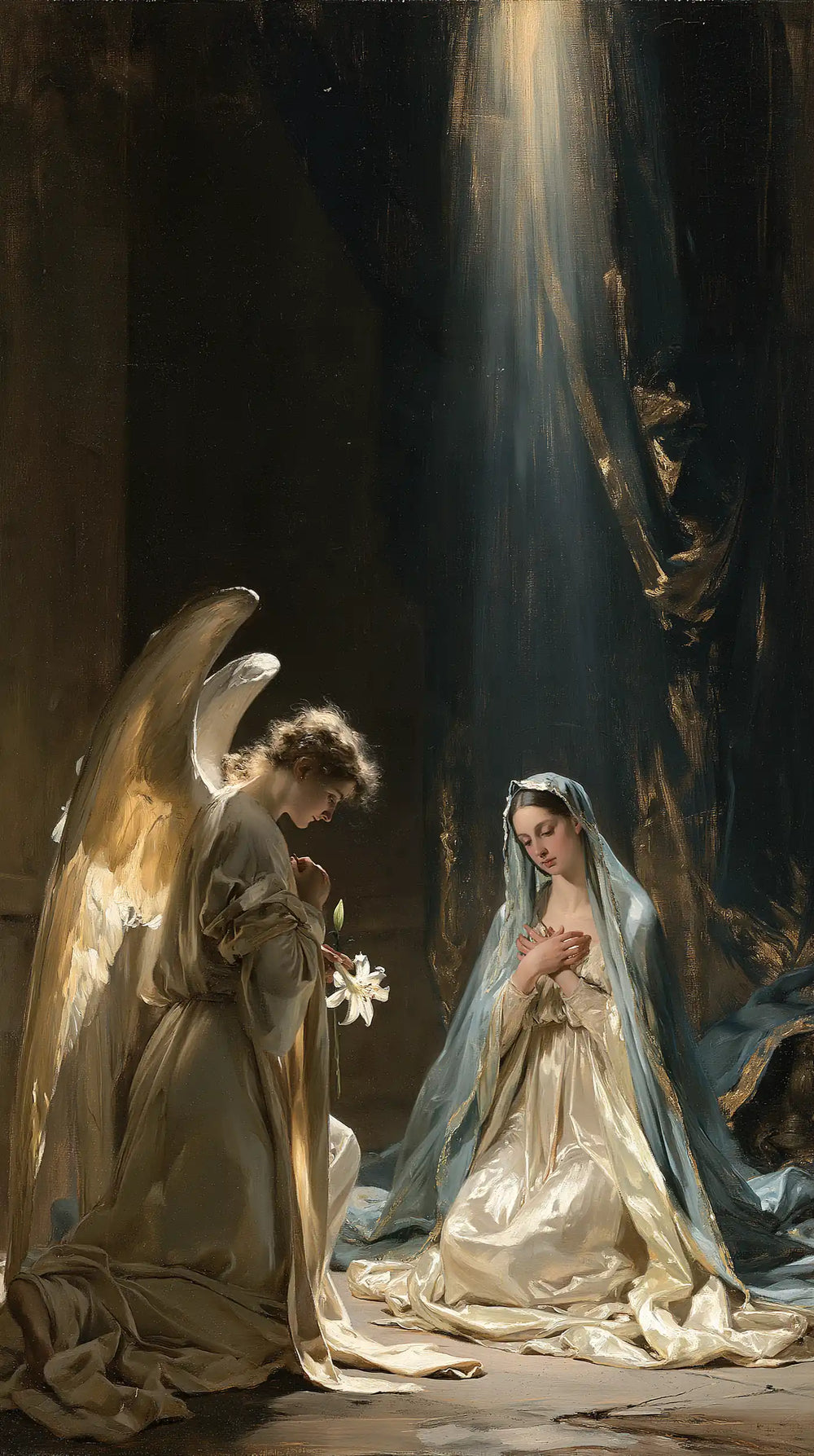 a celestial Annunciation in blue, ivory and gold in Celestial Annunciation in Blue, Ivory and Gold style, portrait Christian artwork no. 5