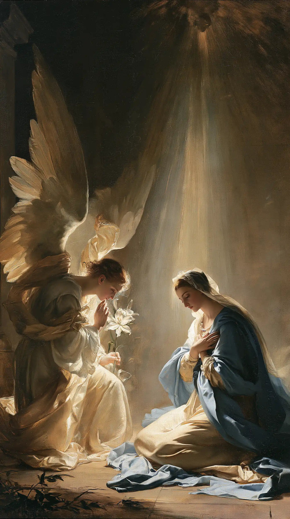a celestial Annunciation in blue, ivory and gold in Celestial Annunciation in Blue, Ivory and Gold style, portrait Christian artwork no. 12