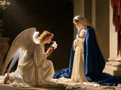 Annunciation in Chiaroscuro with White Lily – Tenebrist Sacred Art · Landscape
