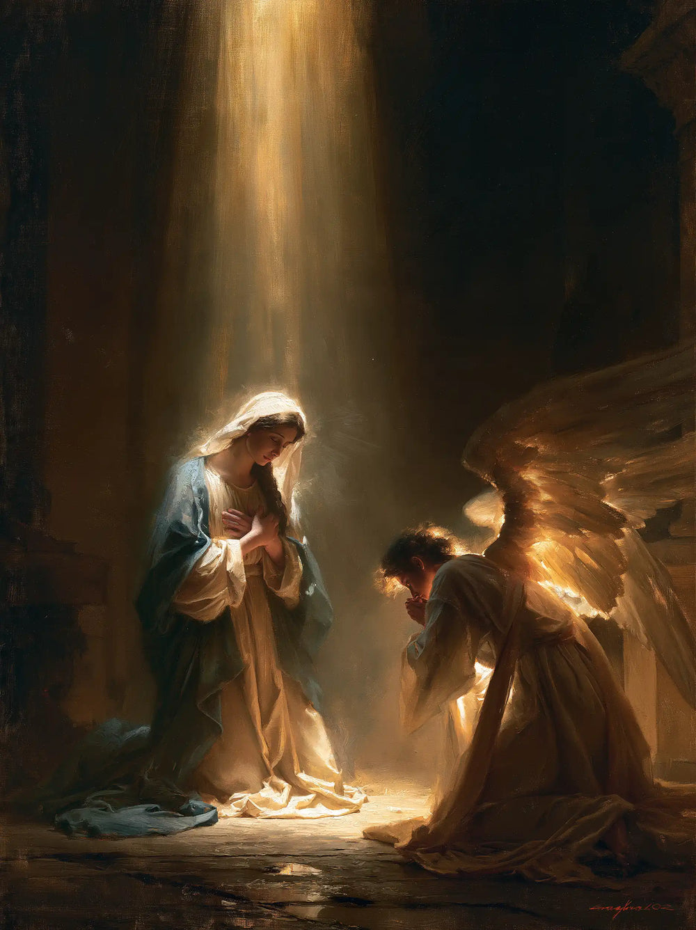 divine light descending upon Mary at the Annunciation in Divine Light Descending upon Mary style, portrait Christian artwork no. 15