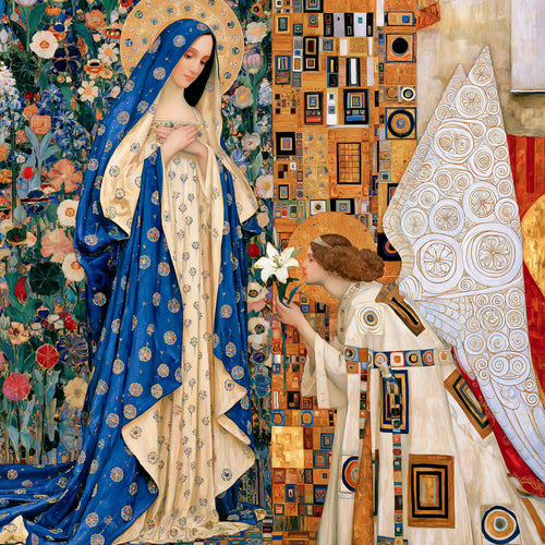 Gabriel offering white lilies to Mary among floral medallions in a golden Vienna Secession Annunciation square