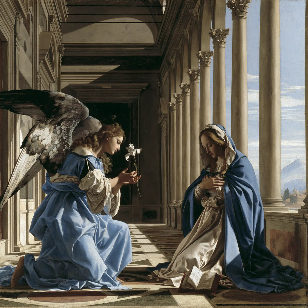 the Annunciation in Florentine Renaissance style in Florentine Renaissance style, square Christian artwork no. 12