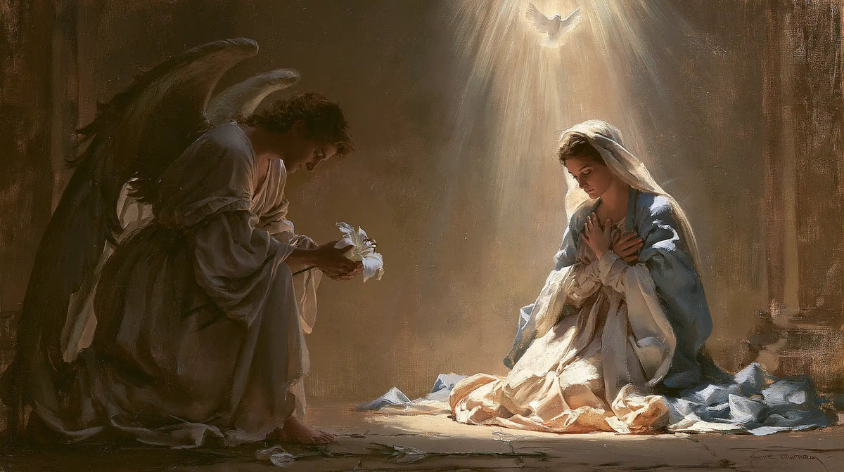 the Annunciation with the Holy Spirit in The Holy Spirit style, landscape Christian artwork no. 14