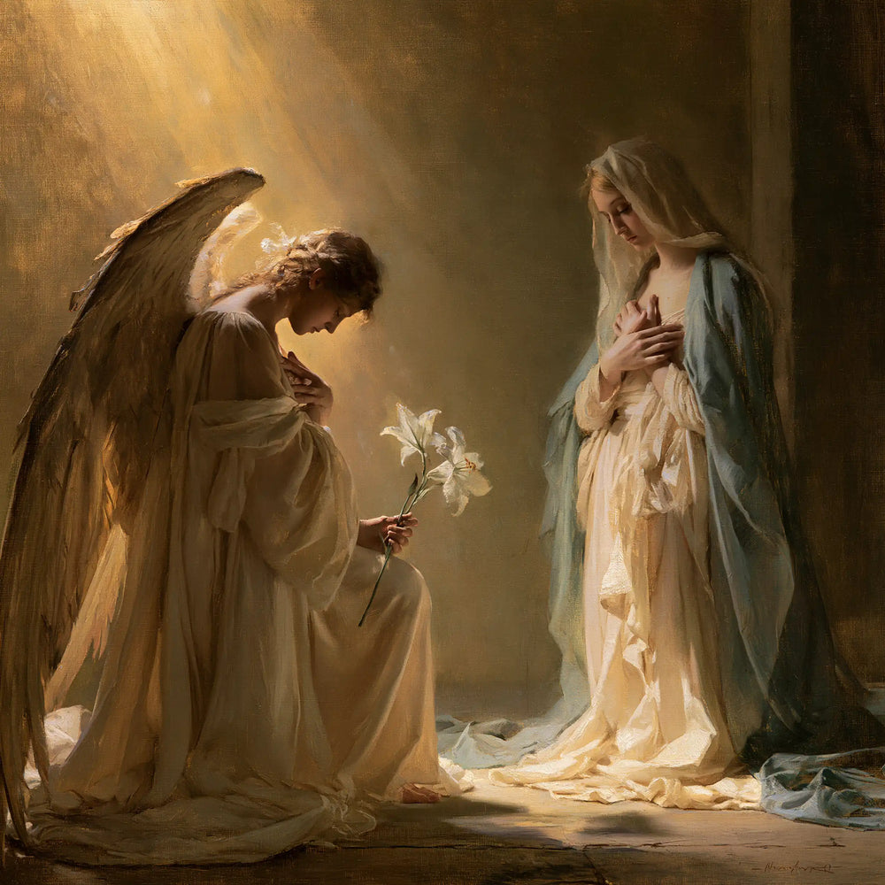 Mary kneeling before Gabriel at the Annunciation in Mary Kneeling before Gabriel style, square Christian artwork no. 1
