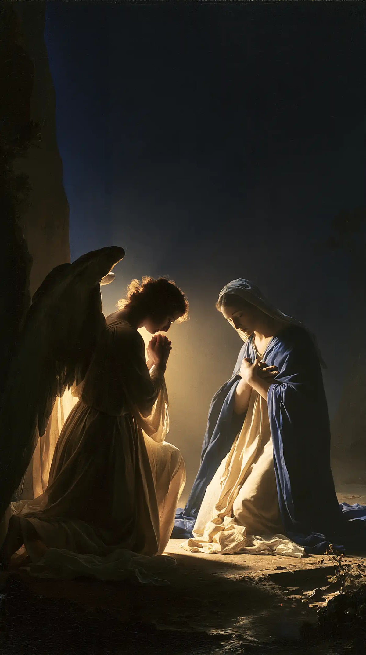 the Annunciation in midnight-blue chiaroscuro in Midnight Blue Chiaroscuro style, portrait Christian artwork no. 10