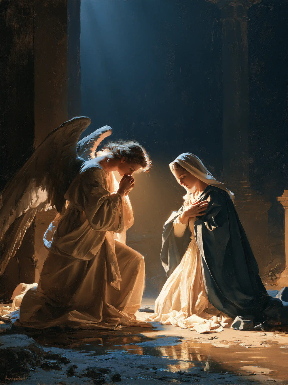 the Annunciation in midnight-blue chiaroscuro in Midnight Blue Chiaroscuro style, portrait Christian artwork no. 18