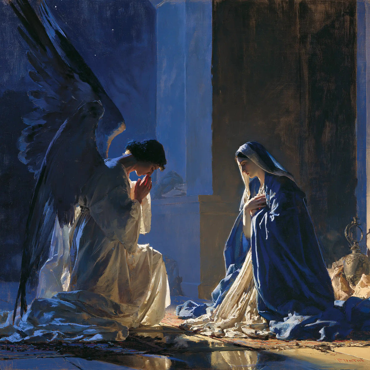 the Annunciation in midnight-blue chiaroscuro in Midnight Blue Chiaroscuro style, square Christian artwork no. 4