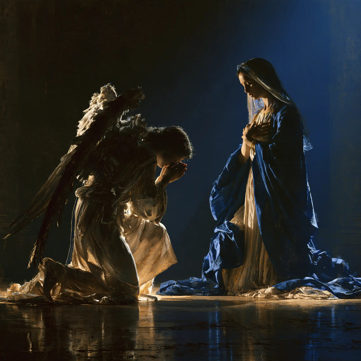 the Annunciation in midnight-blue chiaroscuro in Midnight Blue Chiaroscuro style, square Christian artwork no. 7