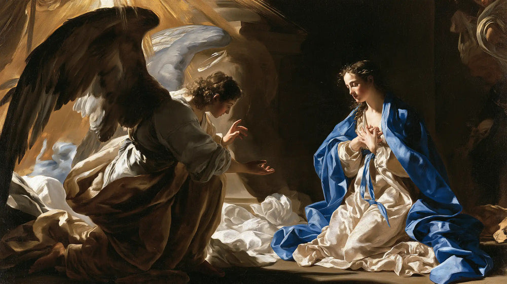 the Annunciation in a theatrical Baroque scene in Theatrical Baroque style, landscape Christian artwork no. 10