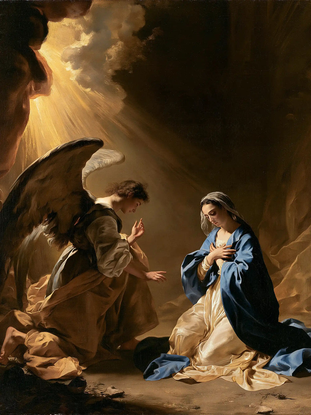 the Annunciation in a theatrical Baroque scene in Theatrical Baroque style, portrait Christian artwork no. 14