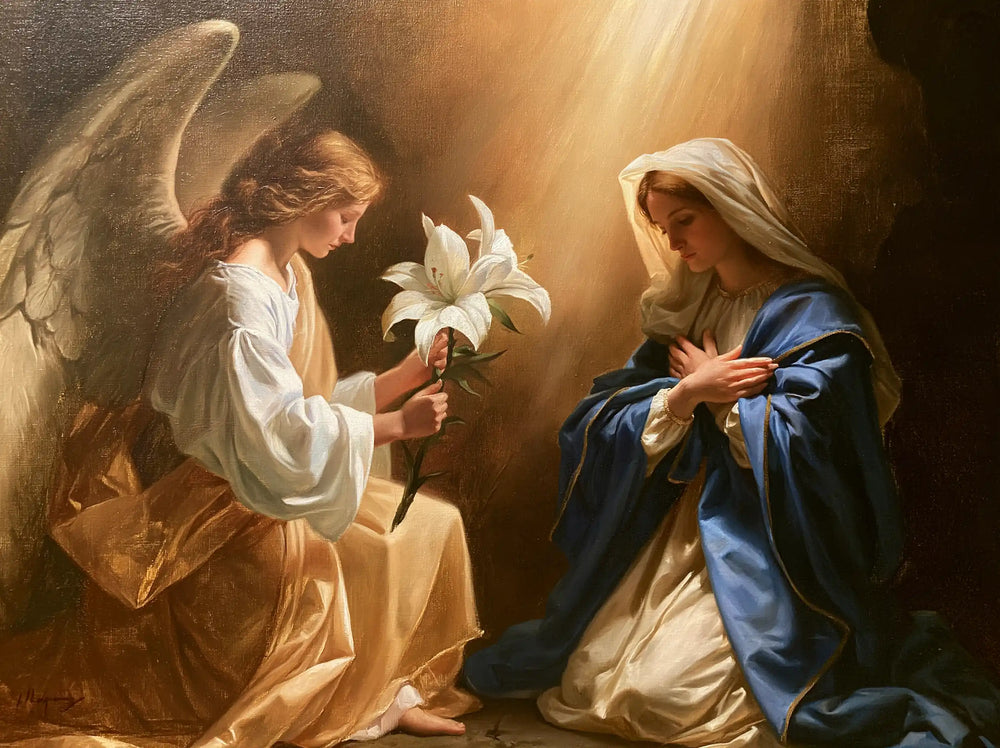 the Annunciation with the white lily as a central symbol in The White Lily as Symbol style, landscape Christian artwork no. 10