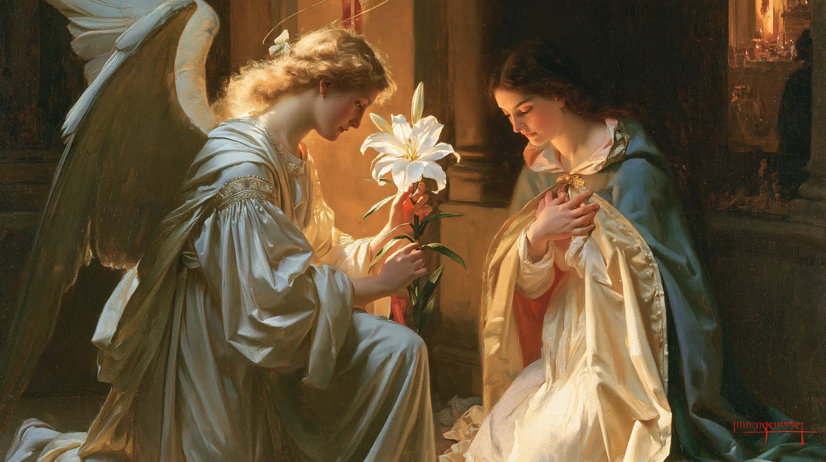 the Annunciation with the white lily as a central symbol in The White Lily as Symbol style, landscape Christian artwork no. 23