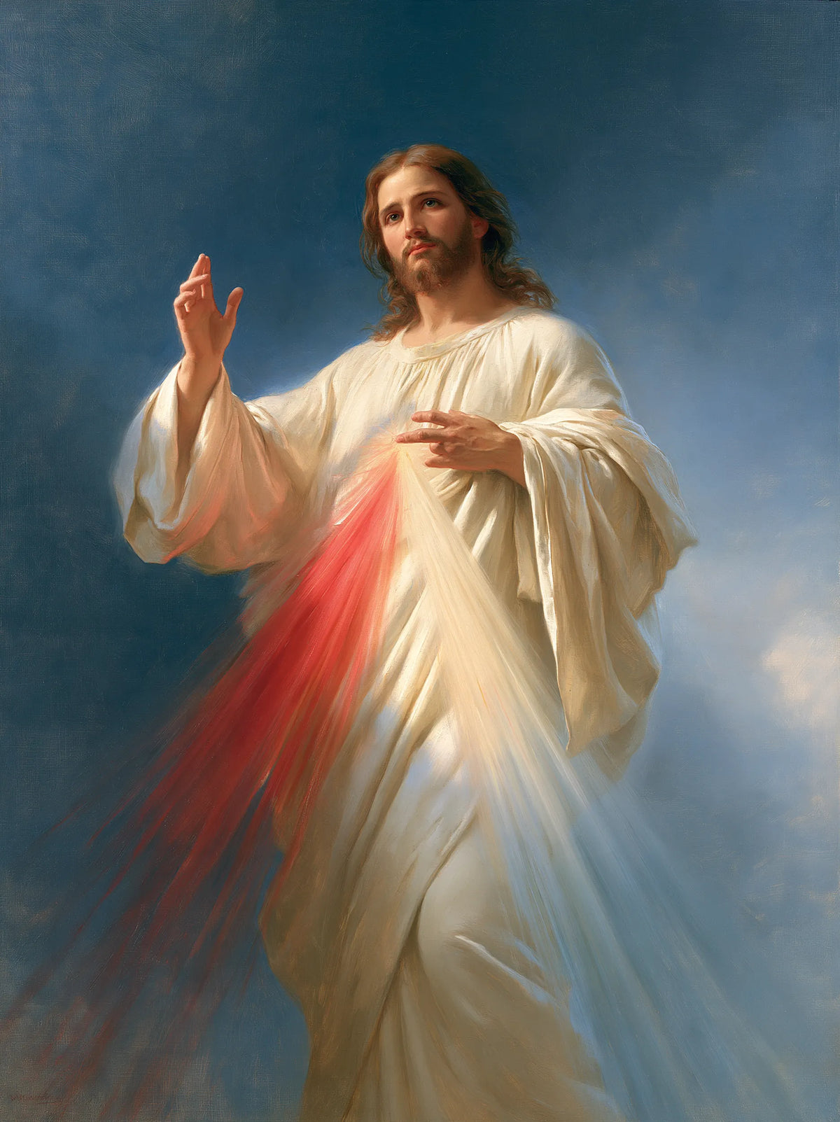 Divine Mercy Jesus – Blessing Under Blue Clouds