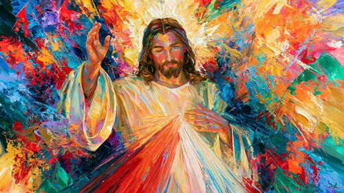 Jesus as Divine Mercy with red and pale rays, colour expressionism landscape Christian artwork