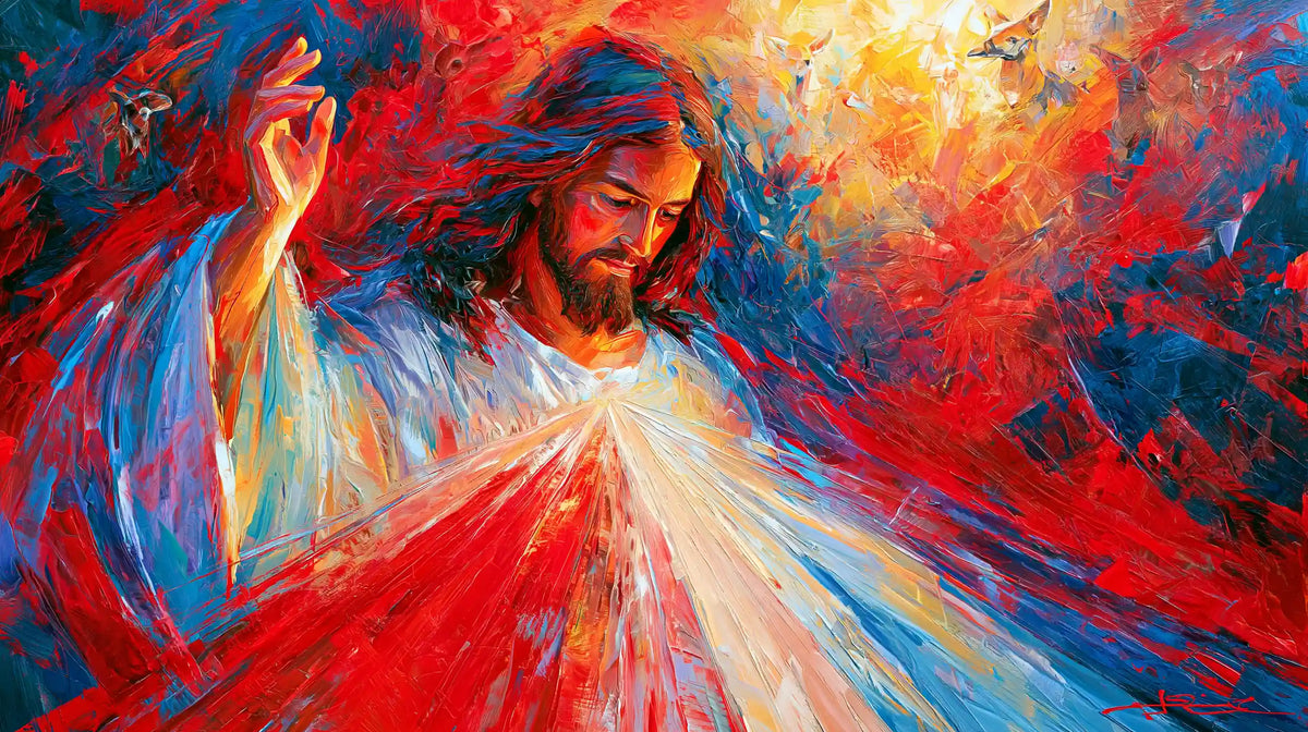 Jesus as Divine Mercy with red and pale rays, expressionist landscape Christian artwork