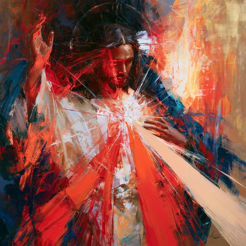 Jesus as Divine Mercy with red and pale rays, expressionist square Christian artwork
