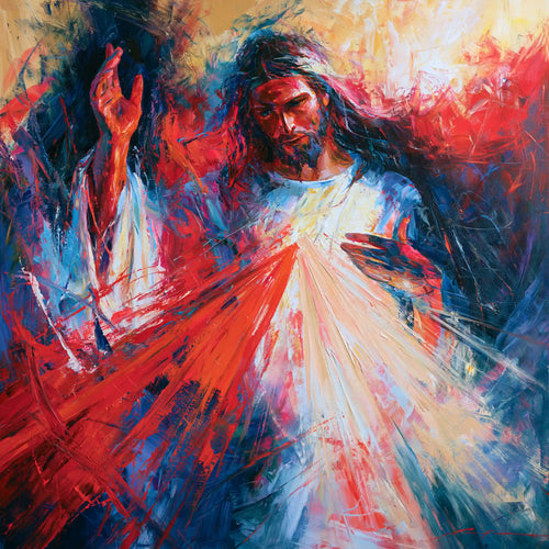 Jesus as Divine Mercy with red and pale rays, expressionist square Christian artwork