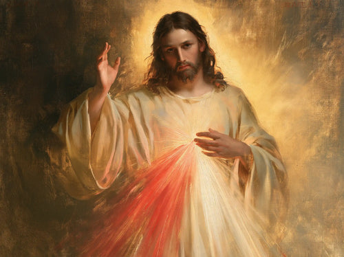 Divine Mercy Jesus raising his hand in blessing in Jesus Blessing style, landscape Christian artwork no. 3