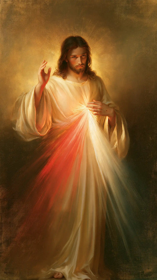 Divine Mercy Jesus raising his hand in blessing in Jesus Blessing style, portrait Christian artwork no. 1