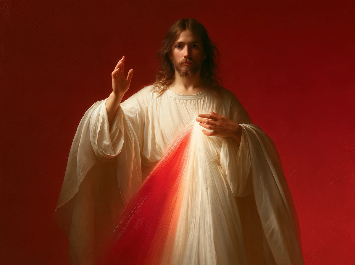 Divine Mercy Jesus – Rays of Compassion on Red