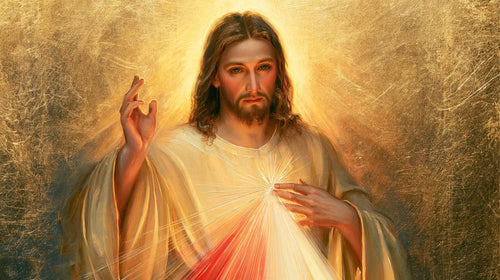 Divine Mercy Jesus in radiant golden light in Sacred Gold style, landscape Christian artwork no. 8