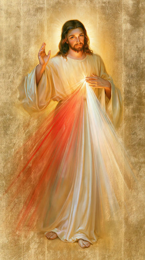 Divine Mercy Jesus in radiant golden light in Sacred Gold style, portrait Christian artwork no. 6