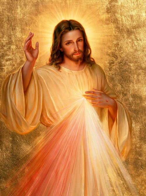 Divine Mercy Jesus in radiant golden light in Sacred Gold style, portrait Christian artwork no. 19