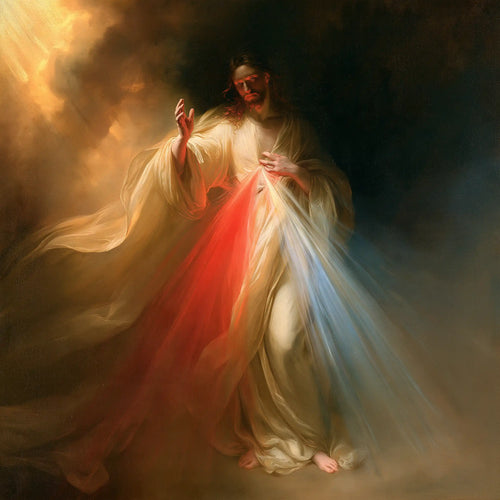 Divine Mercy Jesus in a theatrical Baroque scene in Theatrical Baroque style, square Christian artwork no. 1