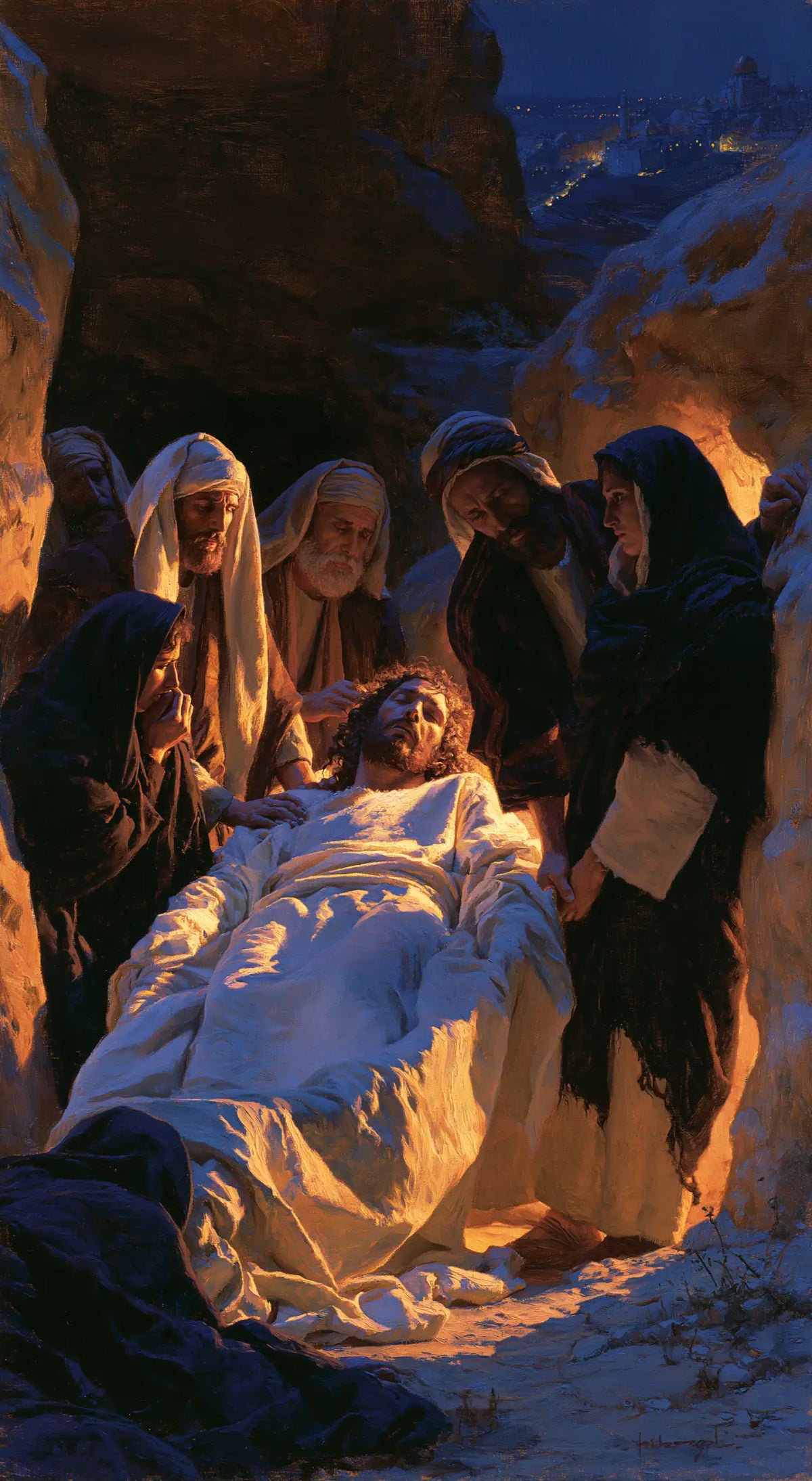 The Entombment of Jesus Christ — Amber Reflections on Blue Linen