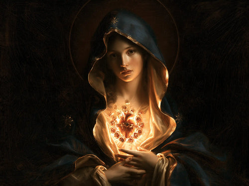 the Immaculate Heart of Mary in black and gold in Black and Gold style, landscape Christian artwork no. 4