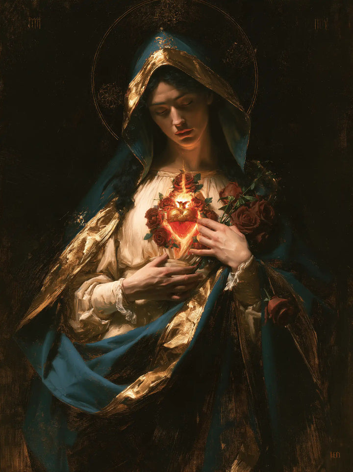 The Immaculate Heart of Mary — The Lowered Gaze upon the Burning Rose