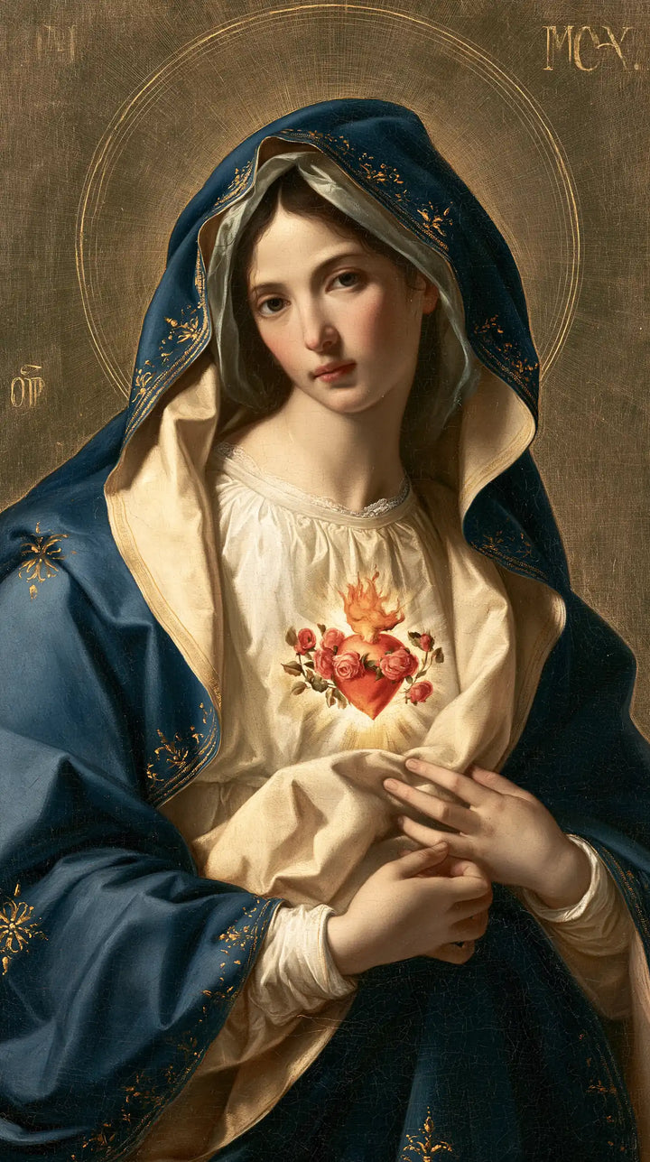 The Immaculate Heart of Mary — Pale Flowers Between Hands and Veil
