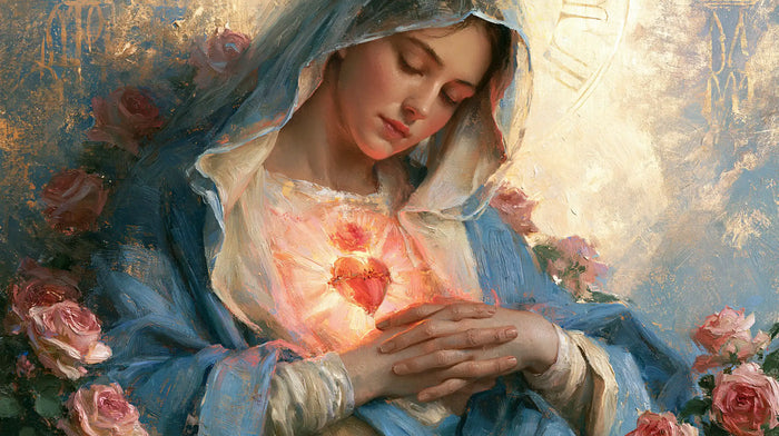 The Immaculate Heart of Mary — Interlaced Fingers Beneath the Pink Light
