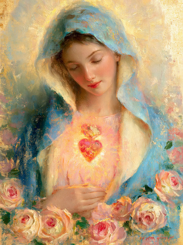 The Immaculate Heart of Mary — The Gentle Flame Amid Pale Petals