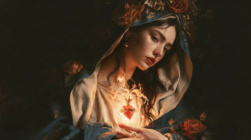 Mary and her Immaculate Heart surrounded by divine light in Mary as Divine Light style, landscape Christian artwork no. 12