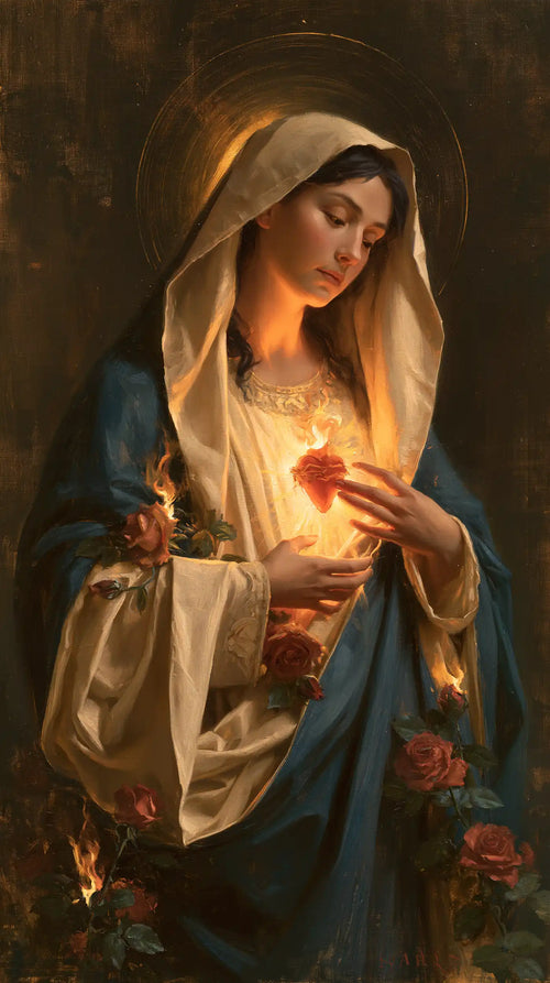 Mary and her Immaculate Heart surrounded by divine light in Mary as Divine Light style, portrait Christian artwork no. 9