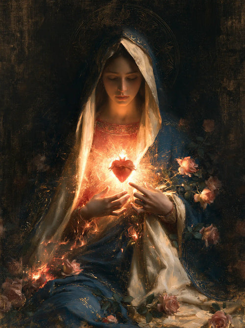 Mary and her Immaculate Heart surrounded by divine light in Mary as Divine Light style, portrait Christian artwork no. 14