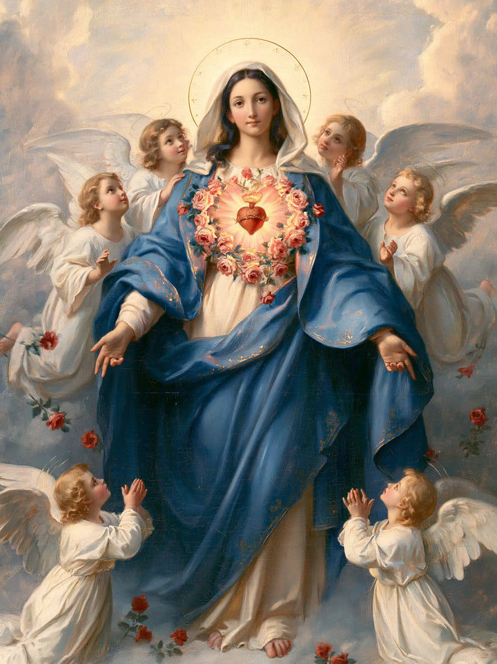 The Immaculate Heart of Mary — White Wings and Scattered Roses