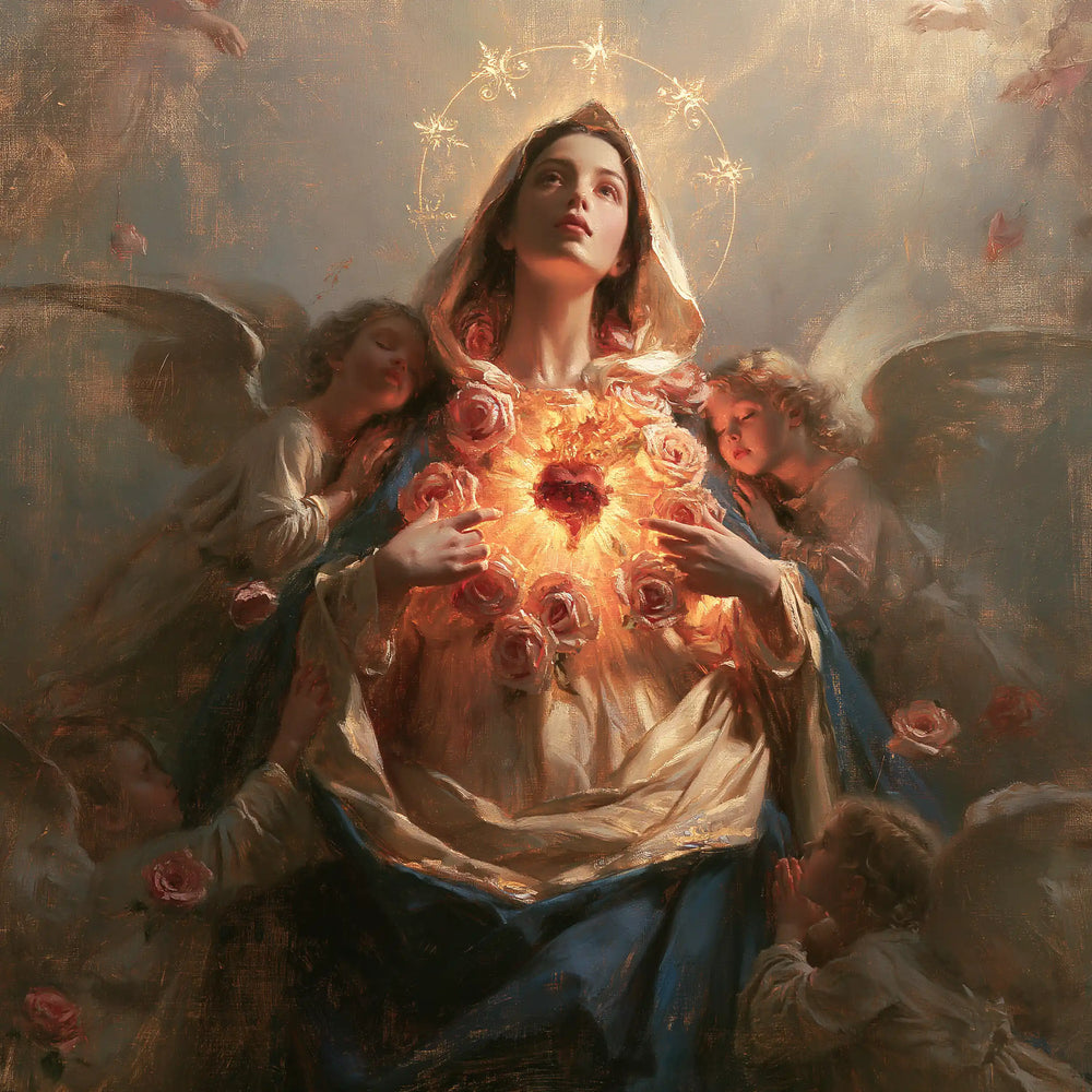 the Immaculate Heart of Mary surrounded by angels in Mary Surrounded by Angels style, square Christian artwork no. 6