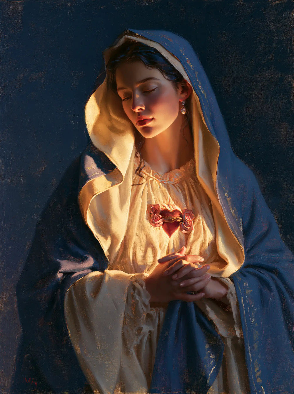 the Immaculate Heart of Mary in midnight-blue chiaroscuro in Midnight Blue Chiaroscuro style, portrait Christian artwork no. 17