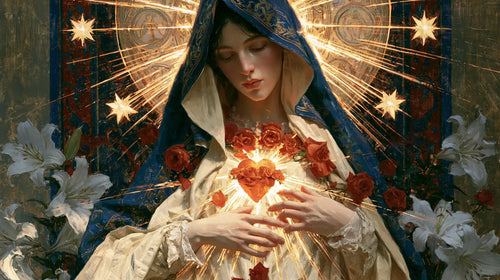 the Immaculate Heart of Mary in a symbolist composition in Symbolist style, landscape Christian artwork no. 22