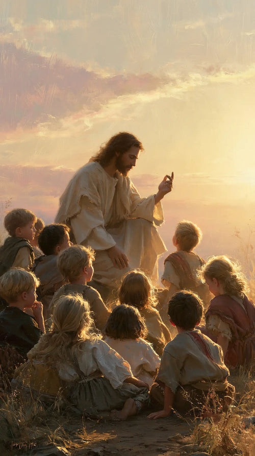 Jesus and the children gathered at dawn in Jesus and the Children at Dawn style, portrait Christian artwork no. 3