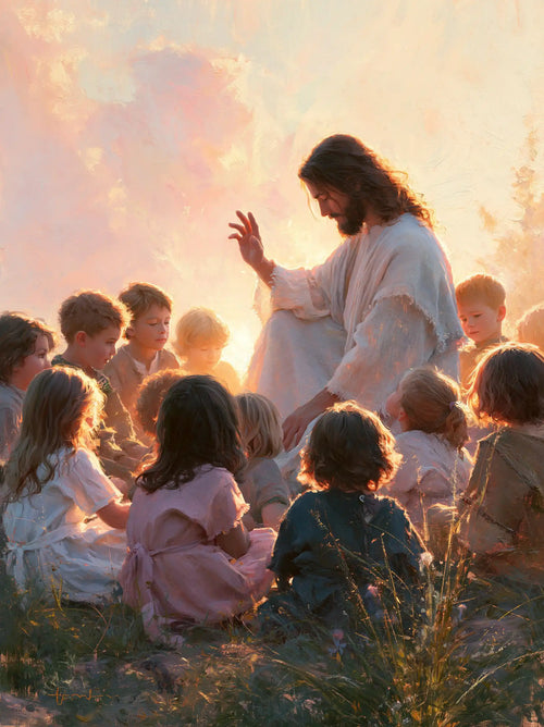 Jesus and the children gathered at dawn in Jesus and the Children at Dawn style, portrait Christian artwork no. 16