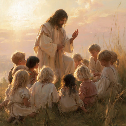Jesus and the children gathered at dawn in Jesus and the Children at Dawn style, square Christian artwork no. 1