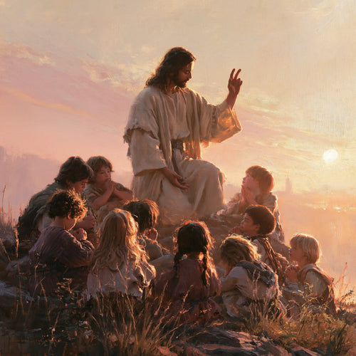 Jesus and the children gathered at dawn in Jesus and the Children at Dawn style, square Christian artwork no. 5