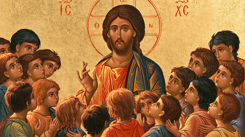 Jesus and the children in a contemporary Byzantine icon in Contemporary Byzantine style, landscape Christian artwork no. 11