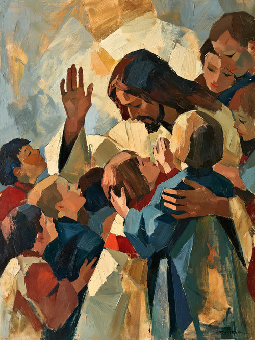 Jesus surrounded by children in an expressionist composition in Expressionist style, portrait Christian artwork no. 11